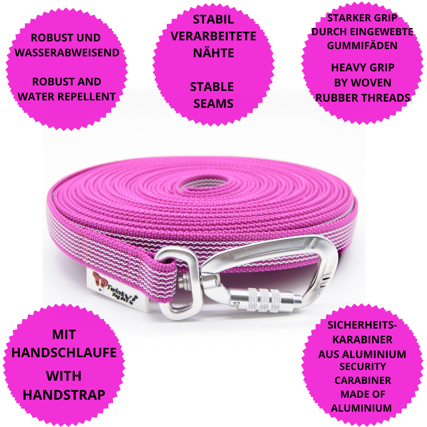 Towline gummerad 20mm rosa säkerhetskarbinhake: 20 meter / Utan handledsrem