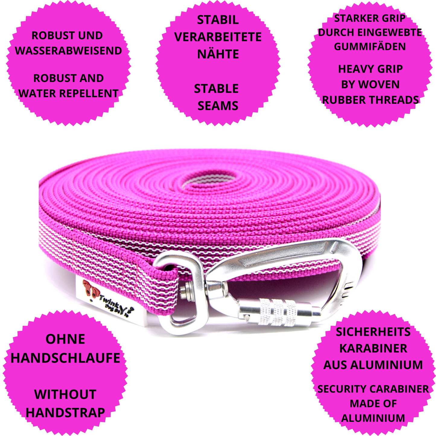 Towline gummerad 20mm rosa säkerhetskarbinhake: 20 meter / Utan handledsrem